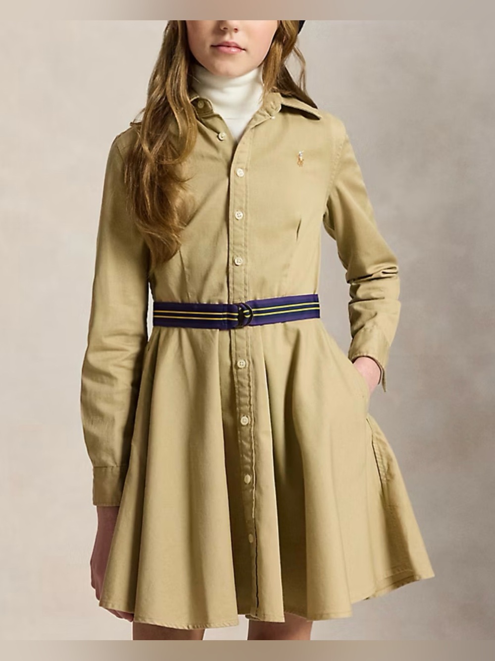 Ralph Lauren Girls Belted Cotton Chino Shirtdress (Size: 12) - Picture 2 of 9
